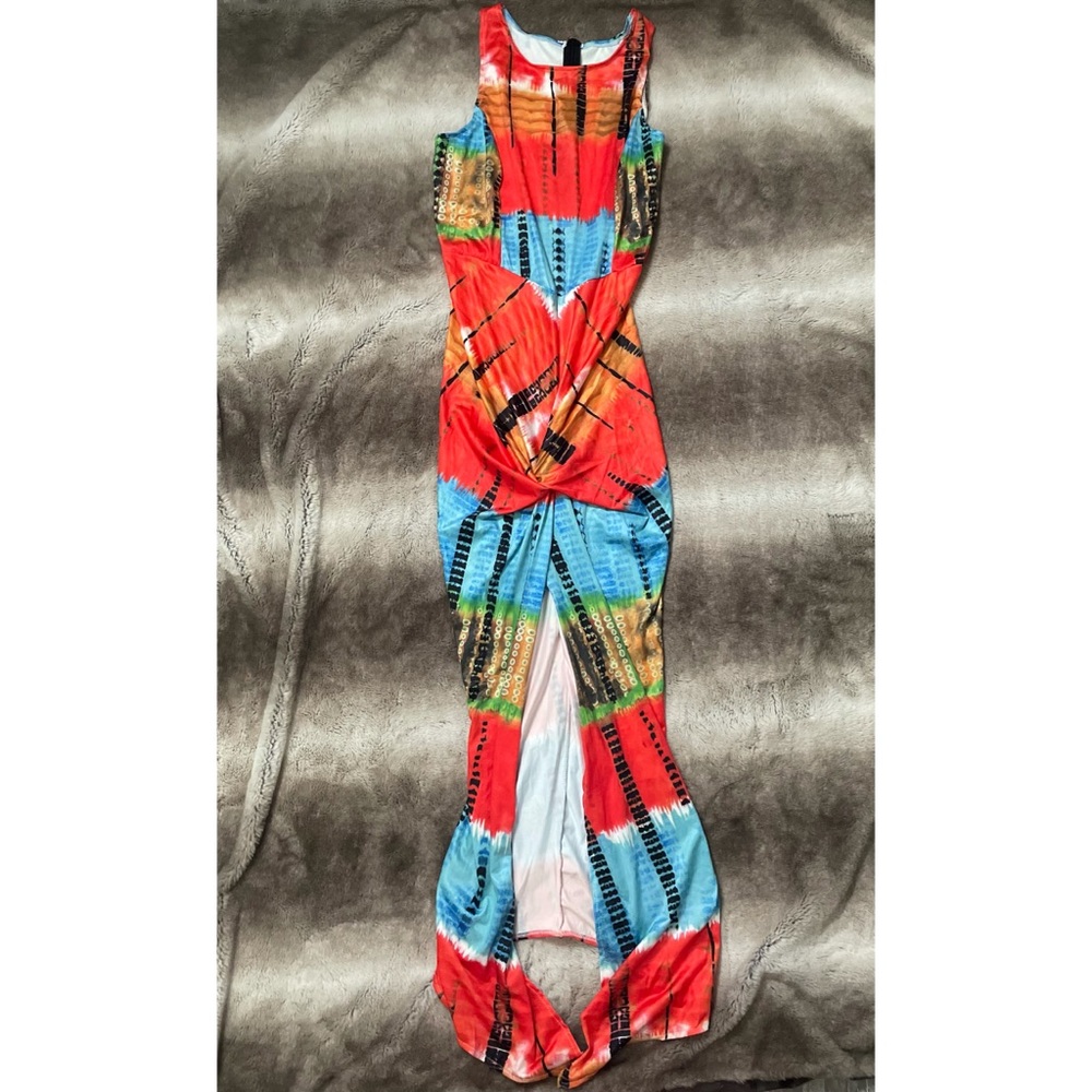 Tie Dye Sleeveless Front Knot Full Length Dress S - Picture 1 of 3